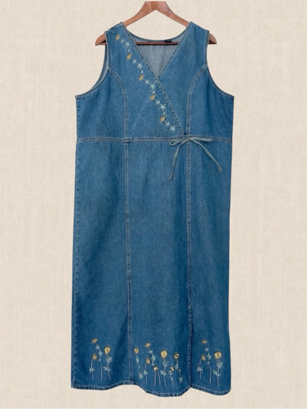 Denim Floral Embroidered Maxi Dress - Blue